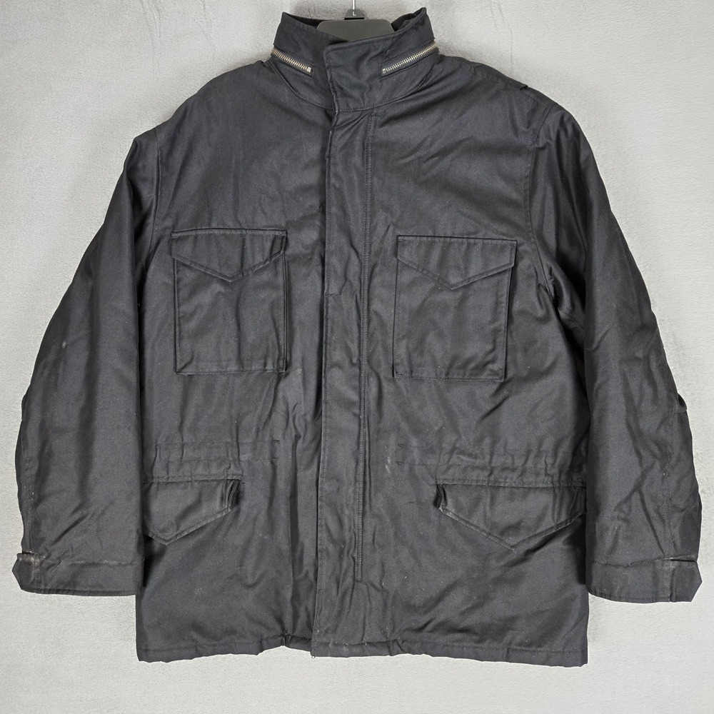 VTG Banana Republic Jacket Men Large Black Quilted M-65 Style Hooded Heavyweight